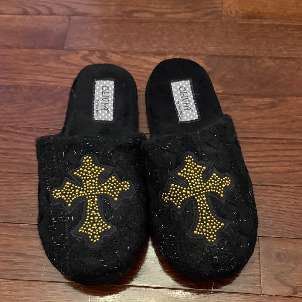 New Elegant Black Slippers with Gold Cross Design